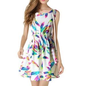 COOL FASHION MULTICOLOR FEATHER PRINT DRESS SZ.M EUC